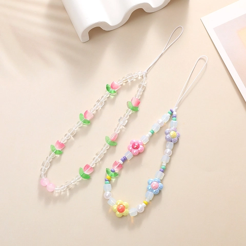 Tulip Flower Beaded Phone Strap Pink Acrylic Beads Anti-Lost Wrist Lanyard Heart Charm Decoration For Women Accessories