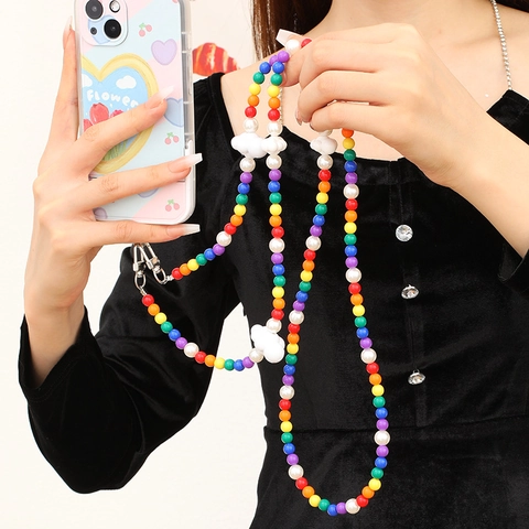 Kleurrijke Regenboog Kralen Telefoonkoord Met Witte Wolk Hanger Crossbody Telefoonriem Handgemaakte Hars Kralenketting Sieraden Voor Dames