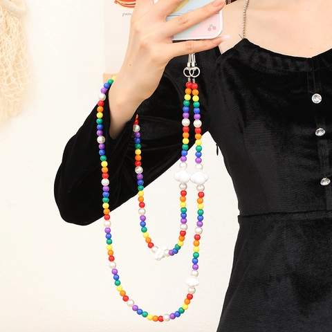 Rainbow Beaded Phone Lanyard Crossbody Strap With White Cloud Artificial Pearl Beads Chain For Women Phone Case Accessories