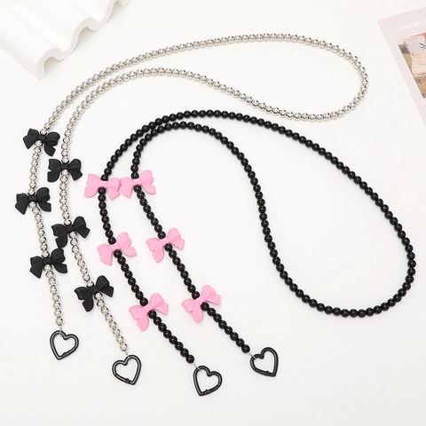 Fashion Beaded Bowknot Crossbody Phone Lanyard Chain Elegant Handmade Heart Clip Phone Strap Bag Decoration Jewelry For Women