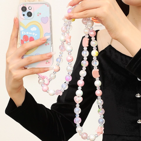 Sweet Beaded Mobile Phone Lanyard Crossbody Chain With Acrylic Cartoon Animal Fruit Charms For Women Girls Fashion Jewelry Strap