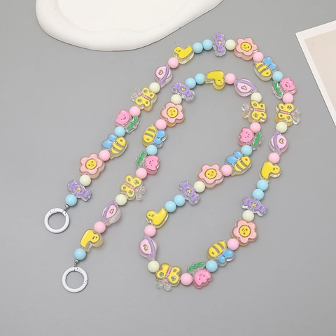 Acrylic Beaded Phone Lanyard Colorful Cartoon Flower Heart Crossbody Chain Bag Strap Water Cup Hanging Lanyard For Women