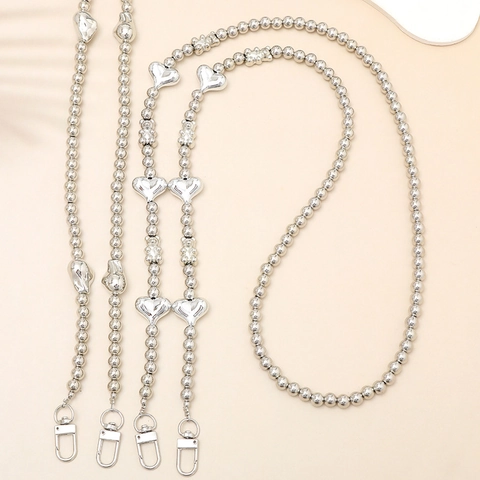 Silver Beaded Phone Chain Heart Bear Charms Crossbody Bag Strap Fashion Lanyard with Metal Lobster Clasps for Women