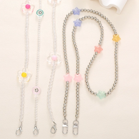 Acrylic Beaded Crossbody Phone Chain Lanyard For Women Fresh Floral Smiley Pattern Multi-Purpose Bag Strap Accessory Alloy Buckle