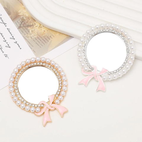 Süßer Runder Künstlicher Perlenspiegel DIY Handyzubehör Rosa Emaille Band Schleife Strass Metall Tragbarer Schminkspiegel