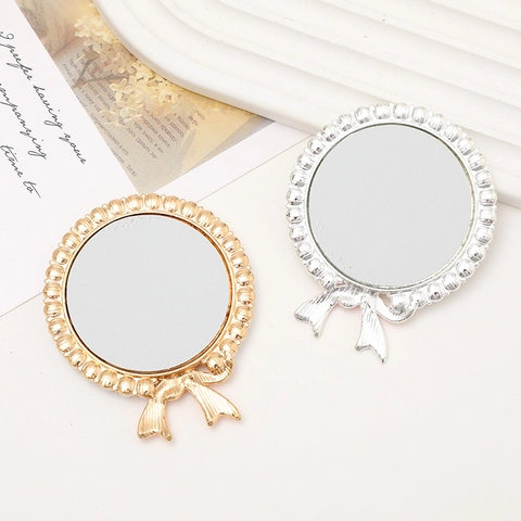 Süßer Runder Künstlicher Perlenspiegel DIY Handyzubehör Rosa Emaille Band Schleife Strass Metall Tragbarer Schminkspiegel
