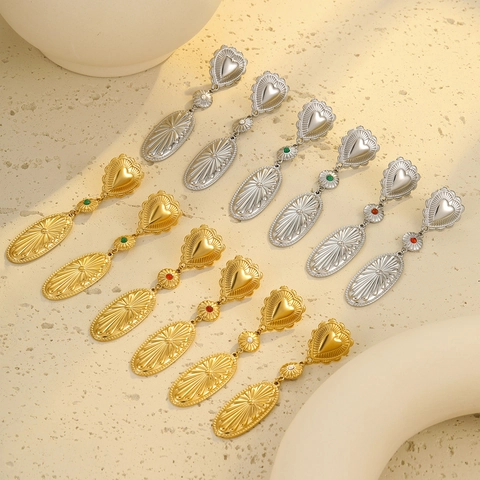 Vintage Bohemian Stainless Steel Heart Dangle Earrings For Women 18K Gold Plated Sunburst Oval Pendant Earrings Jewelry