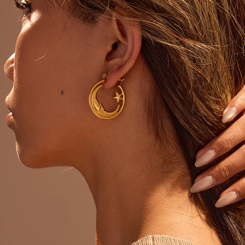 18K Goud Vergulde Roestvrijstalen Oorbellen Voor Dames Vintage Ins Stijl Geometrisch Gehamerd Ster Maan Luxe