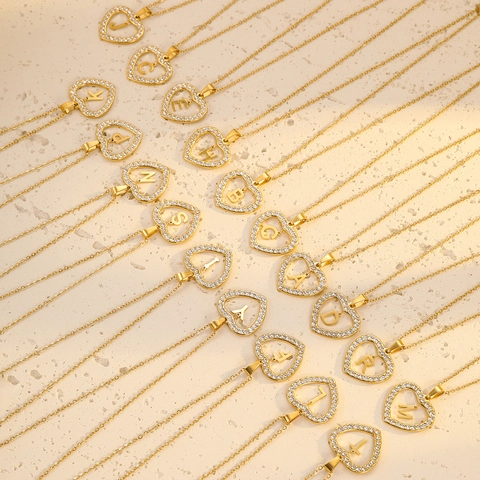 Stainless Steel 18K Gold Plated Heart Initial Necklace For Women Zirconia 26 Letters Heart Pendant Fashion Jewelry Gift