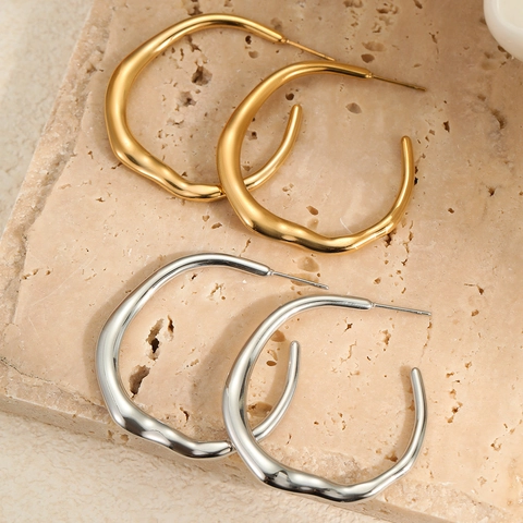 Minimalist Stainless Steel Irregular Wave Hoop Earrings For Women 18K Gold Plated C-Shape Liquid Metal Style Jewelry
