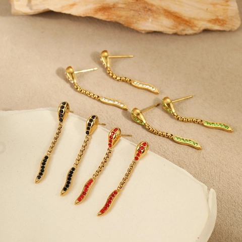 18K Gold Plated Stainless Steel Snake Drop Earrings Zirconia Inlaid Long Dangle Earrings For Women Fashion Jewelry Accessory