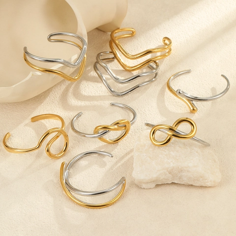 Brazalete de Acero Inoxidable Geométrico Moderno para Mujer Bicolor Oro Plata Minimalista Pulsera Abierta de Moda Ola Nudo Joyería