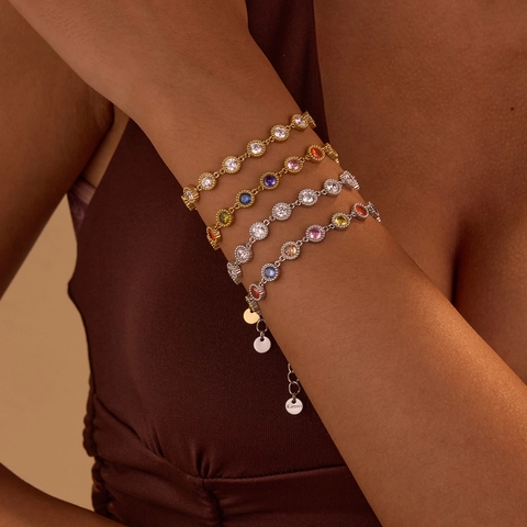Roestvrij Staal Zirkonia Armband Voor Dames 18K Verguld Meerkleurig Wit Zirkon Rond Kastzetting Tennis Armband