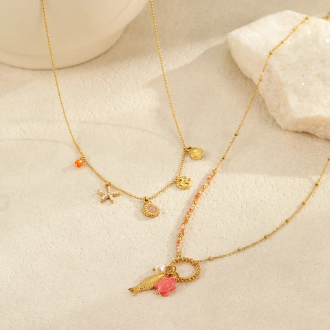 Oceaanstijl Roestvrijstalen Halsketting Verguld Zeester Wulk Zeeschildpad Vis Hanger Kralen Ketting Voor Vrouwen Vakantie