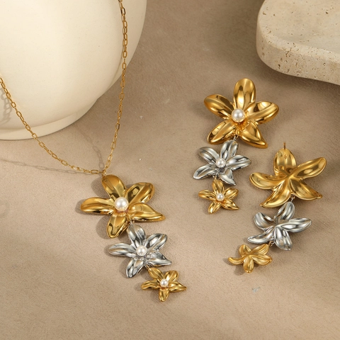 Ensemble de Bijoux Élégant en Acier Inoxydable Collier et Boucles d'Oreilles Fleur Bicolore Or Argent Avec Fausse Künstliche Perle