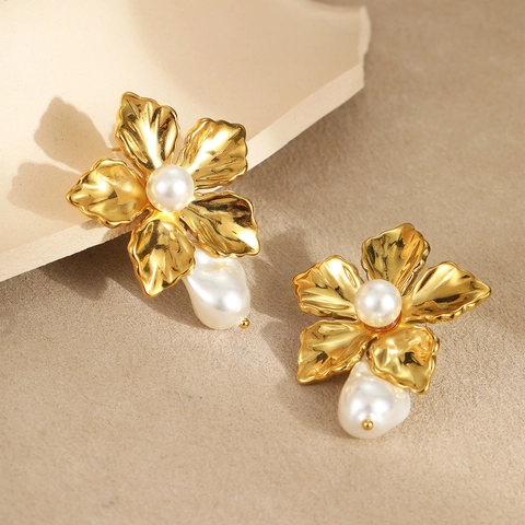 Barocke Künstliche Perlenohrringe Für Damen Edelstahl Französisch Vintage Geometrische Blumen Tropfenohrringe 18K Vergoldet
