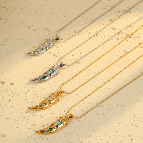 Stainless Steel Italian Horn Pendant Necklace With Colorful Zirconia Gold Silver Plated Cornicello Charm Fashion Jewelry For Women