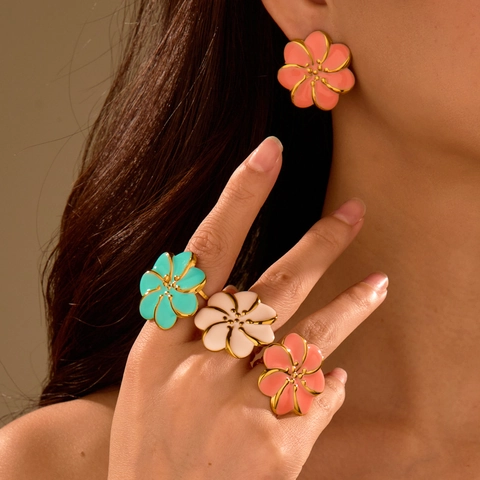 Pendientes de Botón de Acero Inoxidable con Esmalte Floral y Anillo Abierto Ajustable para Mujer Diseño de Flores Joyería de Moda