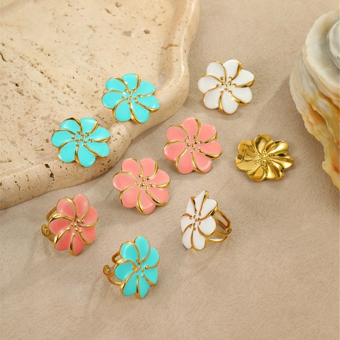 Pendientes de Botón de Acero Inoxidable con Esmalte Floral y Anillo Abierto Ajustable para Mujer Diseño de Flores Joyería de Moda