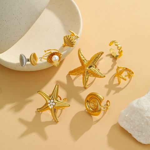 Anelli Aperti in Stile Oceano in Acciaio Inossidabile per Donna Placcato Oro Argento Stella Marina Conchiglia Granchio Perla Artificiale Strass
