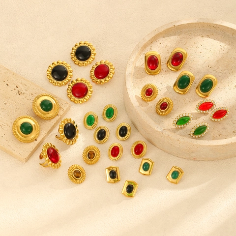 Vintage Edelstahl Ohrstecker Für Damen 18K Vergoldet Oval Geometrische Ohrringe Mit Künstlichem Achat Retro Schmuck Accessoire