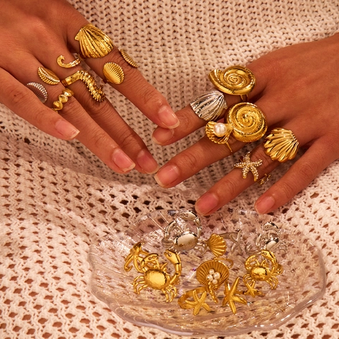 Anello Aperto in Acciaio Inossidabile a Tema Oceano per Donna Conchiglia Stella Marina Granchio Polpo Gioielli Animali Marini