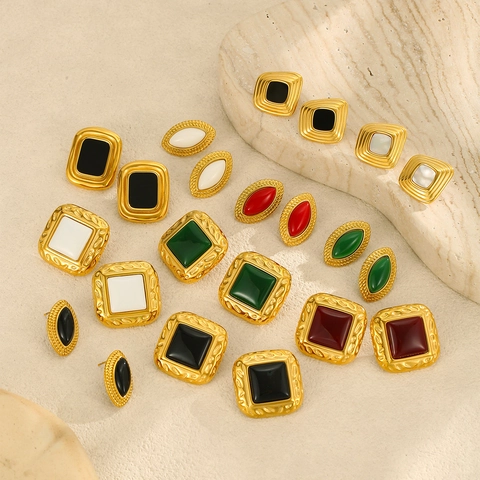 Vintage Edelstahl Geometrische Ohrstecker Für Damen Gold Vergoldet Quadrat Marquise Achat Imitat Minimalistischer Schmuck