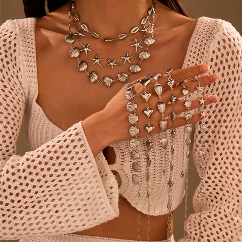 Collier Pendentif Coquillage et Étoile de Mer en Acier Inoxydable Bijoux de Vacances pour Femmes Chaîne de Plage