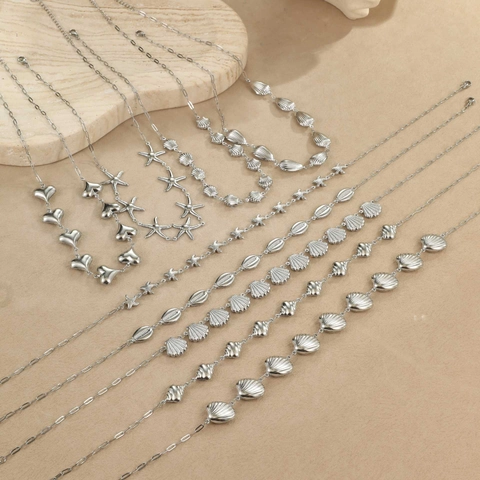Collier Pendentif Coquillage et Étoile de Mer en Acier Inoxydable Bijoux de Vacances pour Femmes Chaîne de Plage