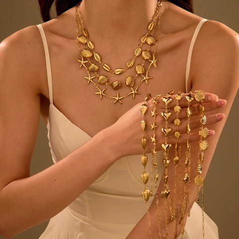 Collier Pendentif Étoile de Mer et Coquillage Style Océan en Acier Inoxydable Plaqué Or 18K Chaîne de Clavicule pour Femme