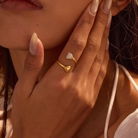 Minimalistische Roestvrijstalen Asymmetrische Hart Open Ring Voor Dames 18K Verguld Dubbel Hart Strass Verstelbare Vingerring Sieraden