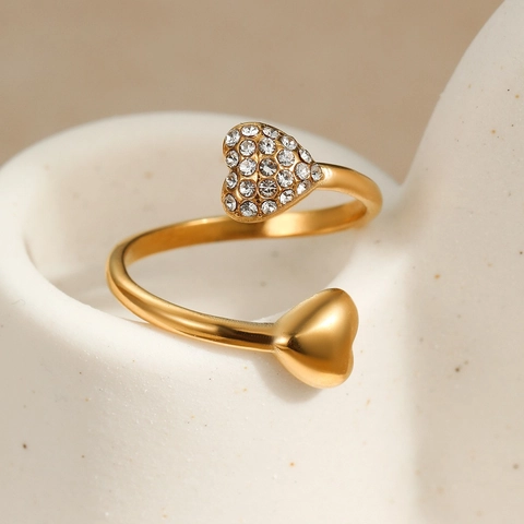 Minimalistische Roestvrijstalen Asymmetrische Hart Open Ring Voor Dames 18K Verguld Dubbel Hart Strass Verstelbare Vingerring Sieraden