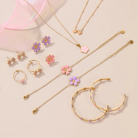 Stainless Steel Colorful Enamel Floral Bow Pendant Necklace Bracelet Adjustable Ring Earring Jewelry For Little Girls Kids Gift