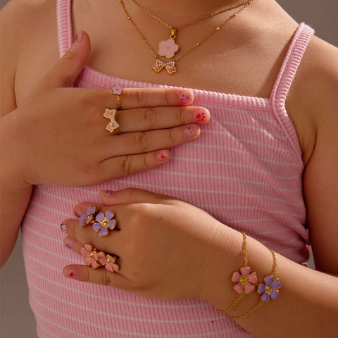 Stainless Steel Colorful Enamel Floral Bow Pendant Necklace Bracelet Adjustable Ring Earring Jewelry For Little Girls Kids Gift