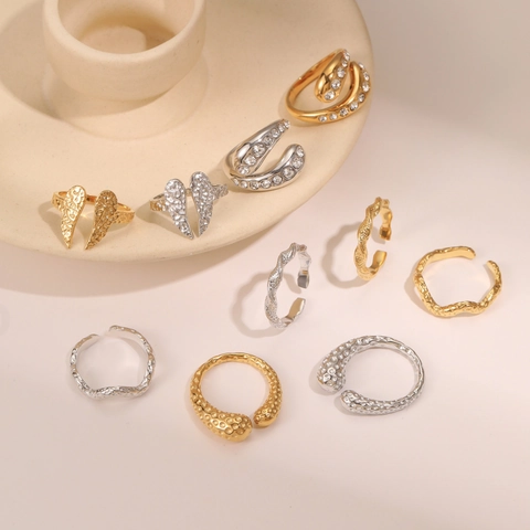 Gehamerde Roestvrijstalen Open Ring Voor Dames Geometrisch Verstelbaar Goud Zilver Strass Ingelegd Mode Sieraden