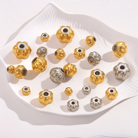 Baroque Stainless Steel Pumpkin Loose Beads 18K Gold Plated Ribbed Lantern Spacer Beads For DIY Jewelry Making Findings