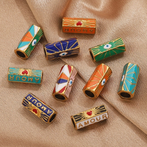 Stainless Steel Enamel Cylinder Spacer Beads Evil Eye Heart Amour Pattern For DIY Bracelet Necklace Jewelry Making Finding