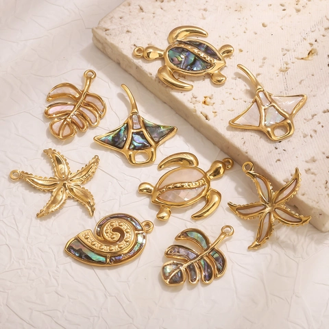 Stainless Steel Natural Shell Inlaid Ocean Theme Pendant Sea Turtle Starfish Stingray Charm DIY Jewelry Making Accessory