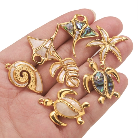Stainless Steel Natural Shell Inlaid Ocean Theme Pendant Sea Turtle Starfish Stingray Charm DIY Jewelry Making Accessory