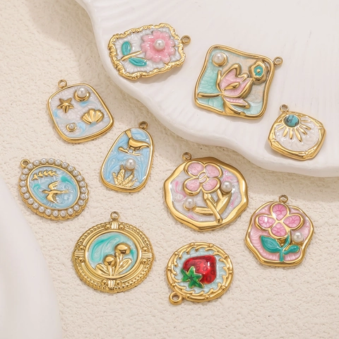 Vintage Stainless Steel Enamel Flower Bird Pendants Garden Style Charms For DIY Necklace Bracelet Making Findings Women Jewelry Gift