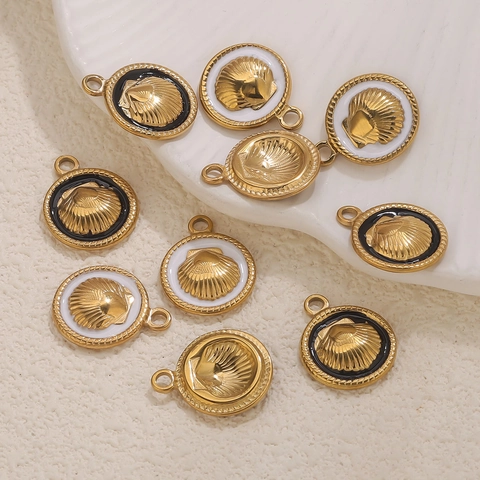 Pendentif Rond en Acier Inoxydable Coquillage Plqué Or Émail Charme de Coquillage pour Bricolage Collier Boucle d'Oreille Bijoux Femmes