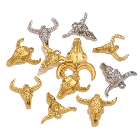 Vintage Bull Skull Stainless Steel Pendant For DIY Jewelry Making Western Cowboy Animal Head Charm For Necklace Bracelet Antique Finish