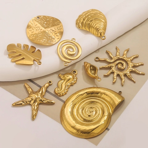 Stainless Steel Nautical Pendant Charms For DIY Jewelry Making Gold Plated Shell Starfish Seahorse Monstera Leaf Charms