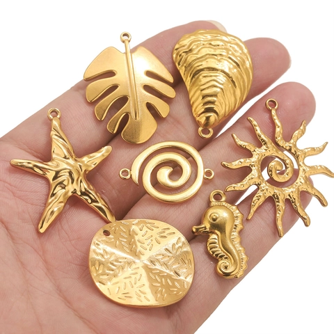Stainless Steel Nautical Pendant Charms For DIY Jewelry Making Gold Plated Shell Starfish Seahorse Monstera Leaf Charms