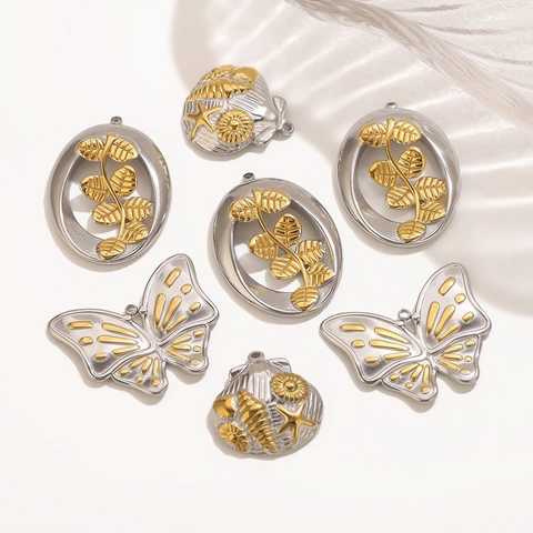 Pendentifs en Acier Inoxydable pour Création de Bijoux DIY Papillon Feuille Océan Étoile de Mer Coquillage Bicolore Or Argent Accessoires