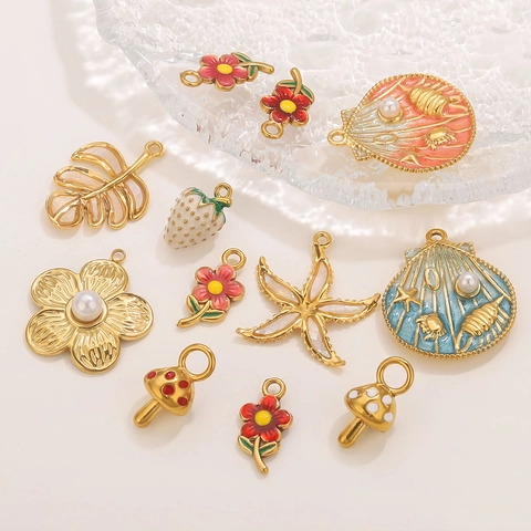 Colgante de Flor de Acero Inoxidable Vintage Para Creación de Joyas DIY Dije de Esmalte Chapado en Oro Concha Estrella de Mar Champiñón Colgantes Para Collar Pulsera