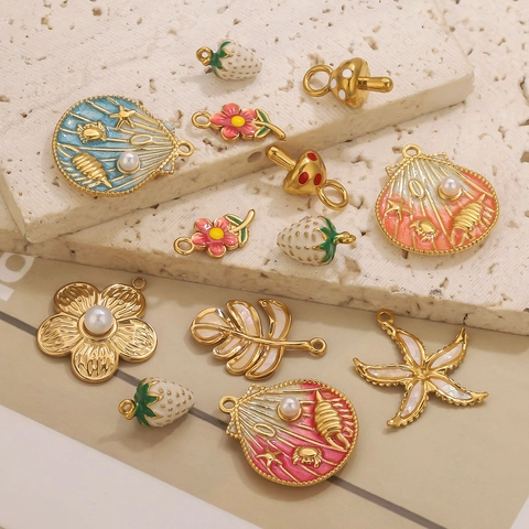 Colgante de Flor de Acero Inoxidable Vintage Para Creación de Joyas DIY Dije de Esmalte Chapado en Oro Concha Estrella de Mar Champiñón Colgantes Para Collar Pulsera