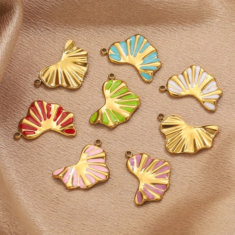 Stainless Steel Ginkgo Leaf Enamel Pendants For DIY Jewelry Making Necklace Bracelet Drip Oil Charms Accessories