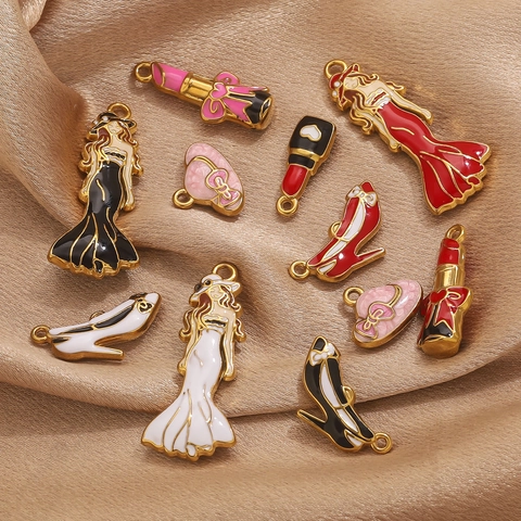 Stainless Steel Enamel Pendants Lipstick High Heels Lady Figure Charms For DIY Necklace Earring Jewelry Making Accessories