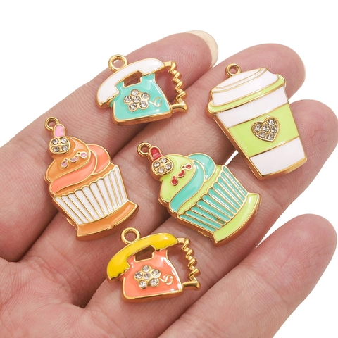 Stainless Steel Enamel Cartoon Charm Cute Rhinestone Cupcake Coffee Cup Retro Telephone Pendant DIY Jewelry Finding Accessary